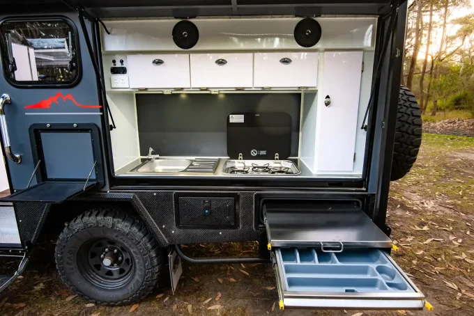blue tongue camper xh16 hybrid caravan outdoor kitchen