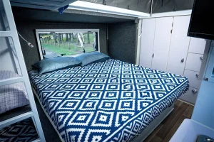 Queen bed with innerspring mattress and ample storage